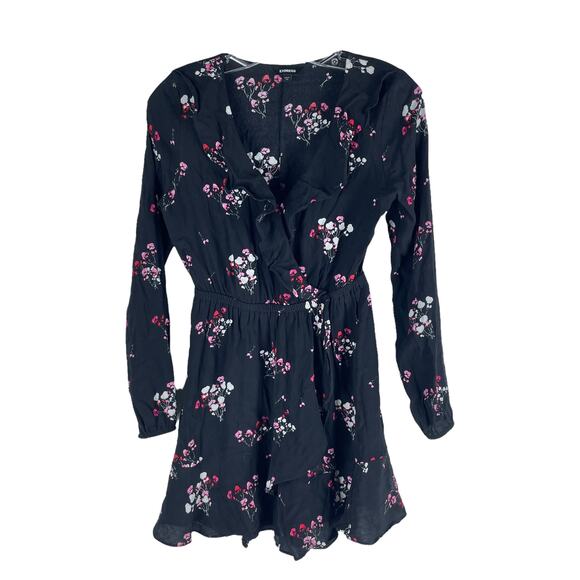 Express Floral Printed Ruffle Faux Wrap Mini Dress Black Size XS - Picture 1 of 7
